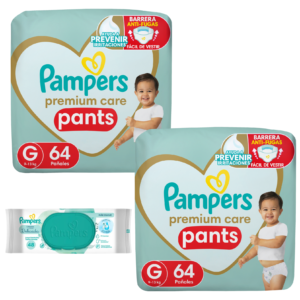 2 Pampers premium pants G x64 + 1 Toallita Limpieza delicada x48 DE REGALO