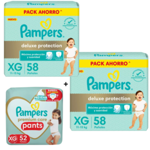 2 Pampers Deluxe XG x58 + 1 Premium pants XG x52 GRATIS