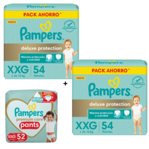 2 Pampers Deluxe XXG x54 + 1 Premium pants XXG x52 GRATIS