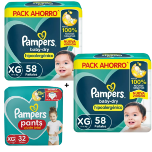 2 Pampers Baby Dry XG x58 + 1 Confort Pants XG x32 GRATIS