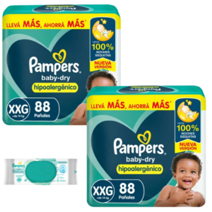 2 Pampers Babydry XXG x88 + 1 Toallita piel delicada x48 GRATIS