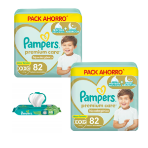 2 Pampers premium care XXXG x82 + 1 toallita aloe x48 de regalo